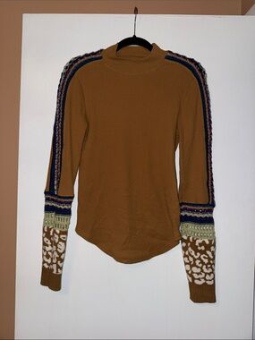 Free People Caramel Long Sleeve Mock Neck Top with Patterned Sleeve Accents